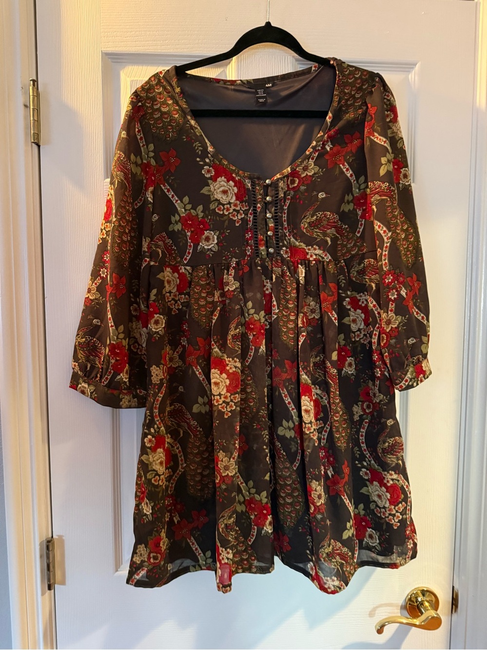 H&M Black Floral Mini Dress with Red and Green Accents
